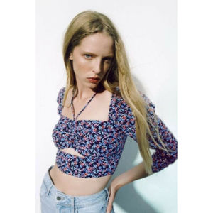 ZARA NWT Cut Out Printed Cropped Top Multicolored XS